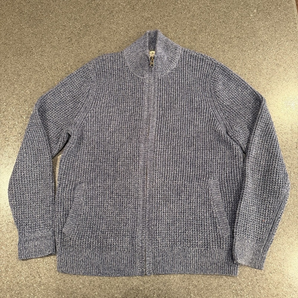 LL Bean Heavy Waffle Knit Sweater Mens Med Blue Full Zip Organic Cotton Sweater